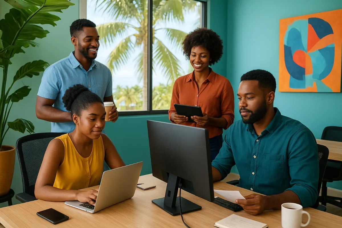 Équipe d’une agence web travaillant ensemble sur la création d’un site internet aux Antilles